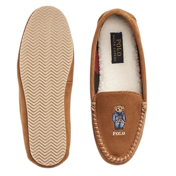 POLO RALPH LAUREN SNUFF DESI V BEAR Brown Suede Moccasins Plaid Lining size 10 - Picture 1 of 16